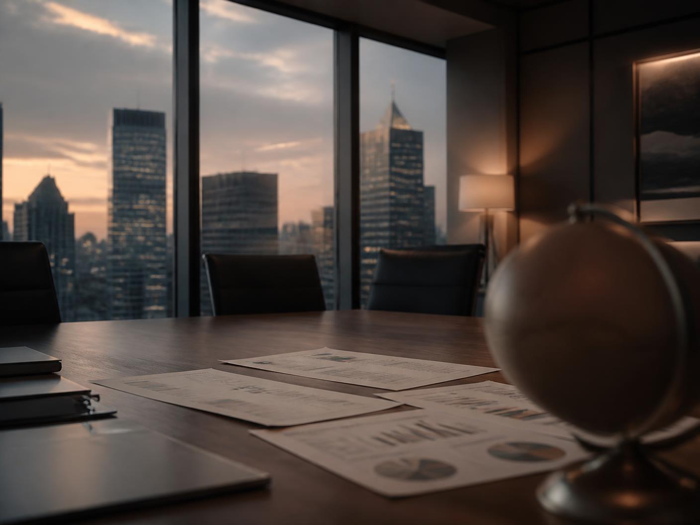 Empty executive meeting room at dusk with market documents on the table and a city skyline beyond the windows.