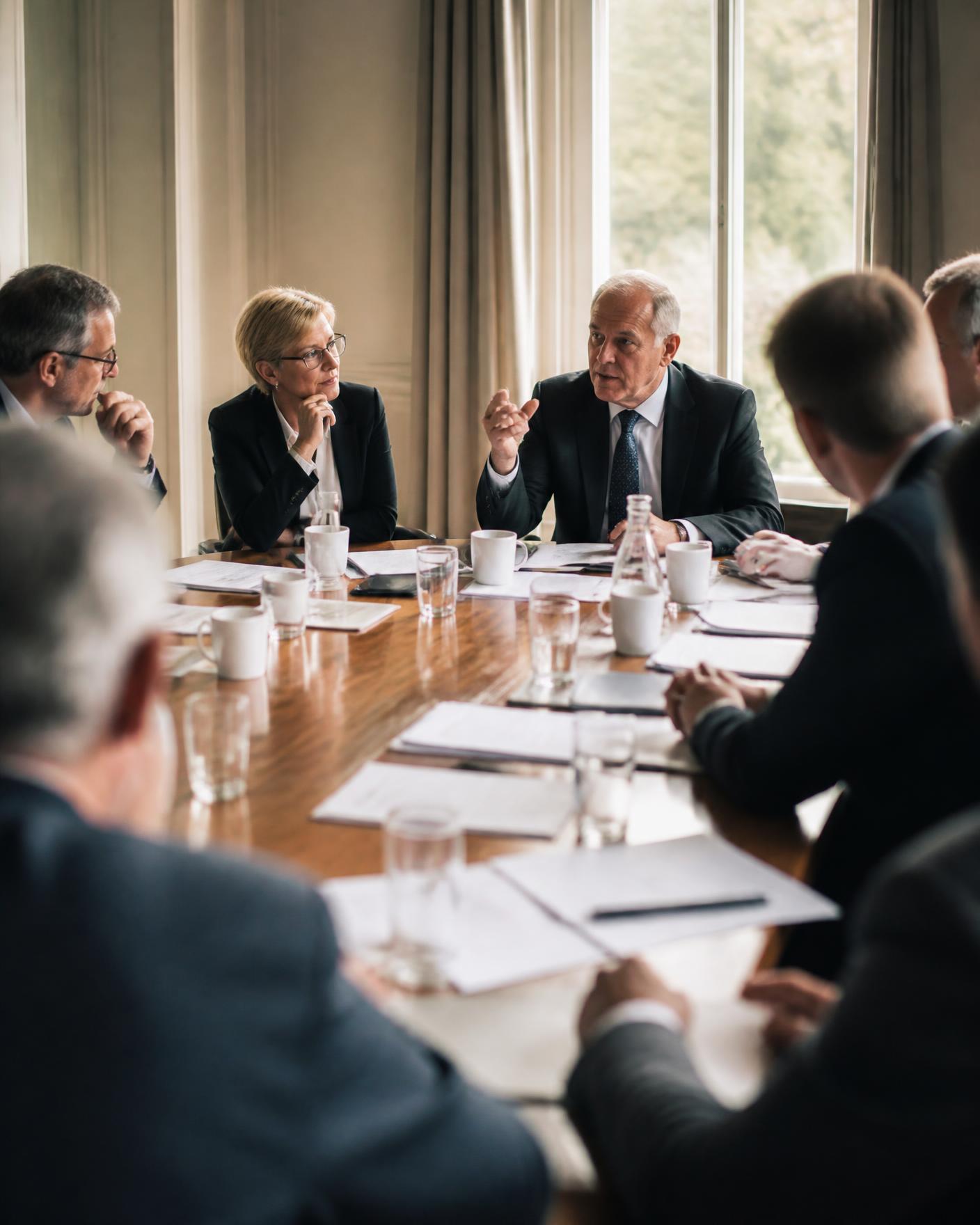 Senior executives in a board strategy session around a long table