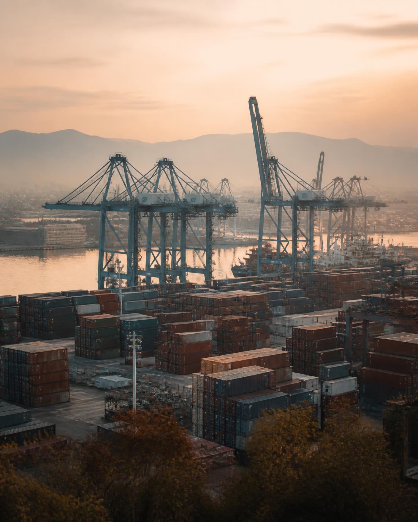 Container port at dawn representing global logistics and international trade