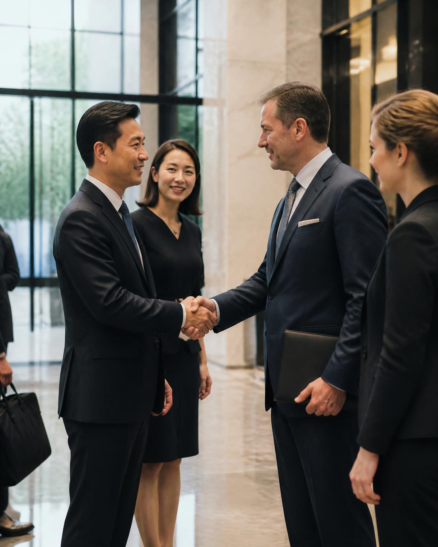International business partnership meeting in a modern lobby