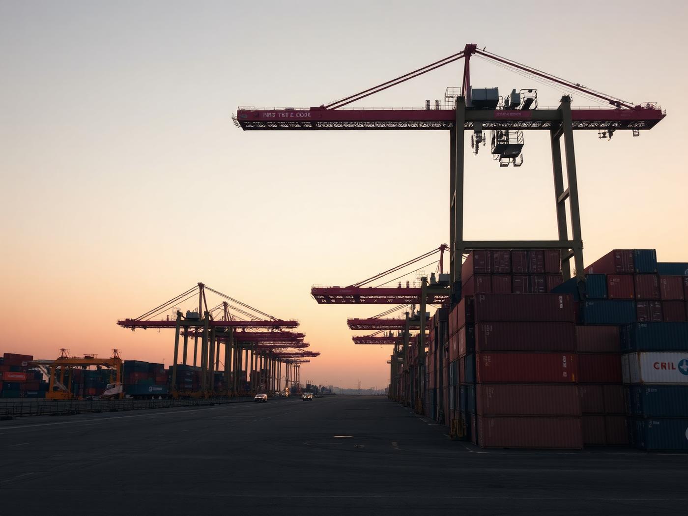 Container terminal at dawn with gantry cranes above stacked shipping containers.