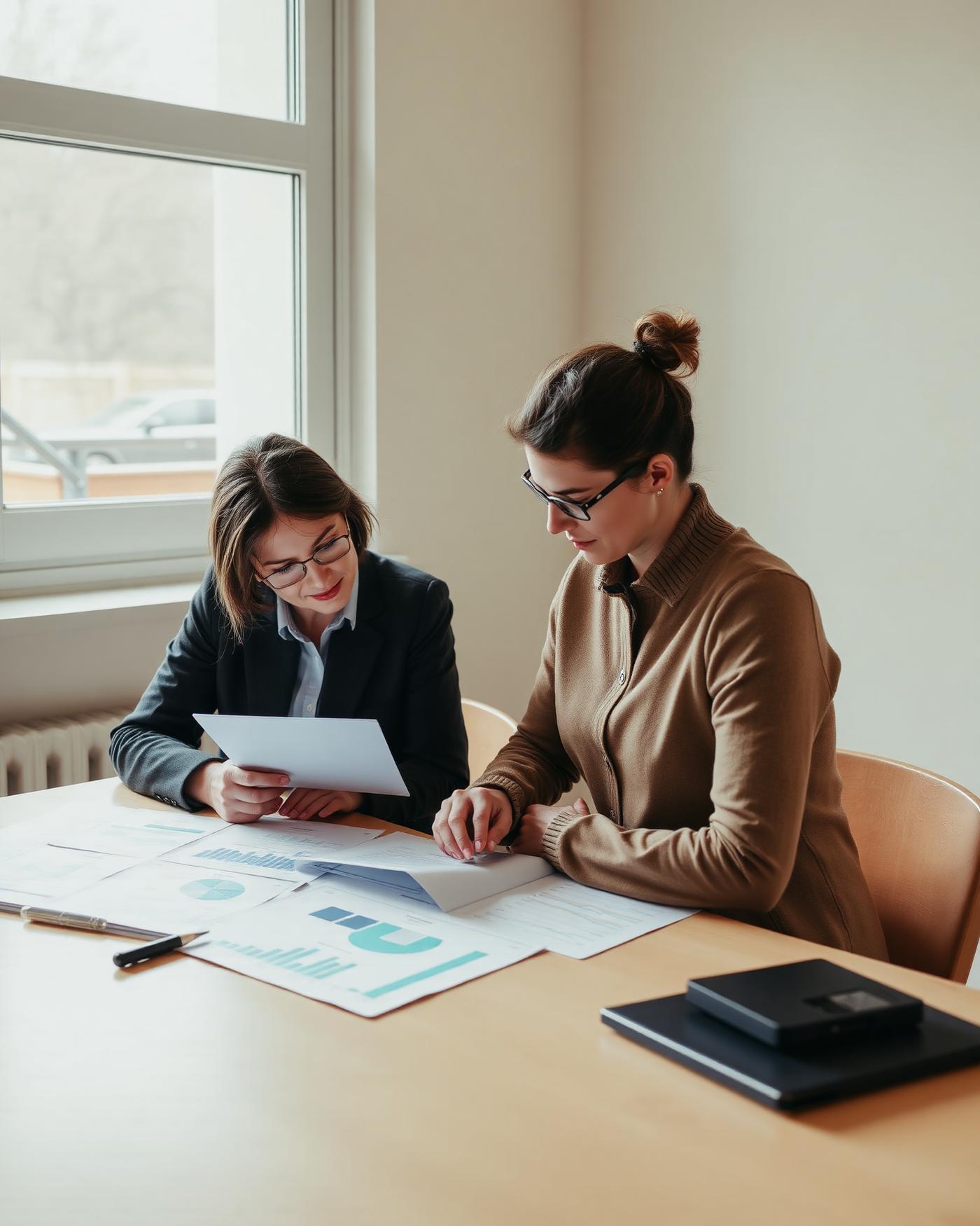 Two analysts reviewing printed research documents and charts at a table by a window.