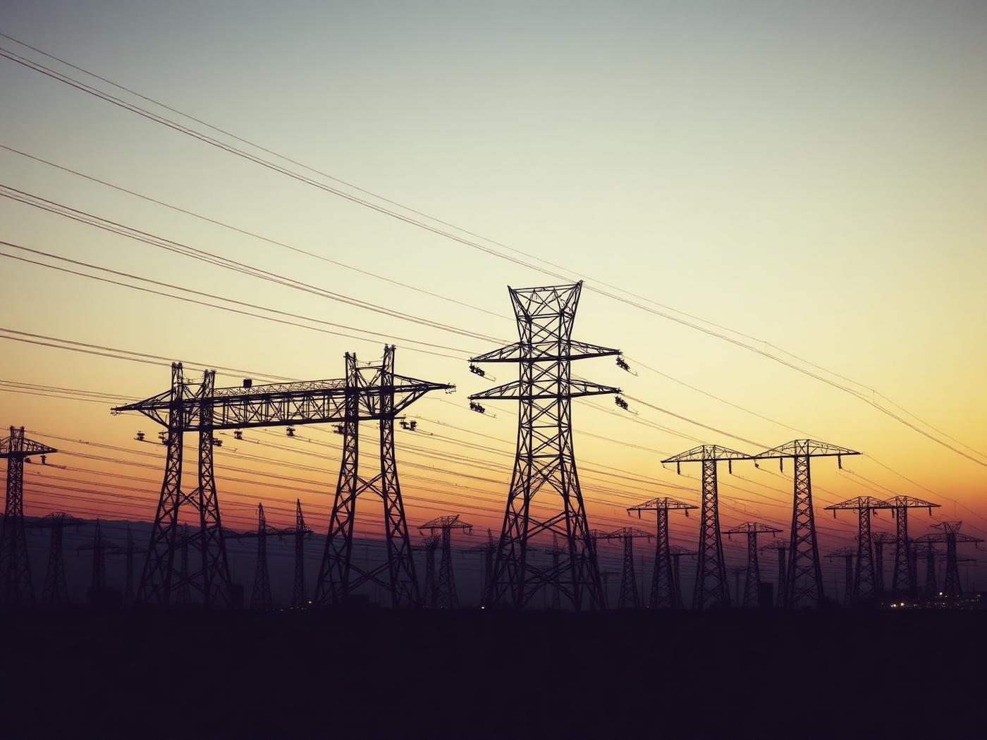 High-voltage transmission towers and power lines silhouetted at dusk.