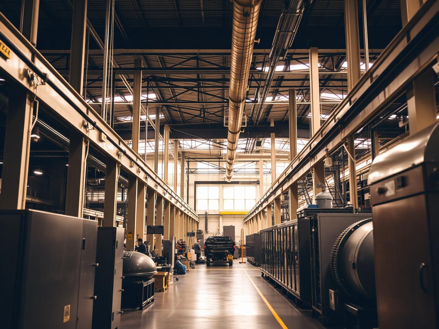 Interior of a modern manufacturing plant with assembly lines and overhead structure.