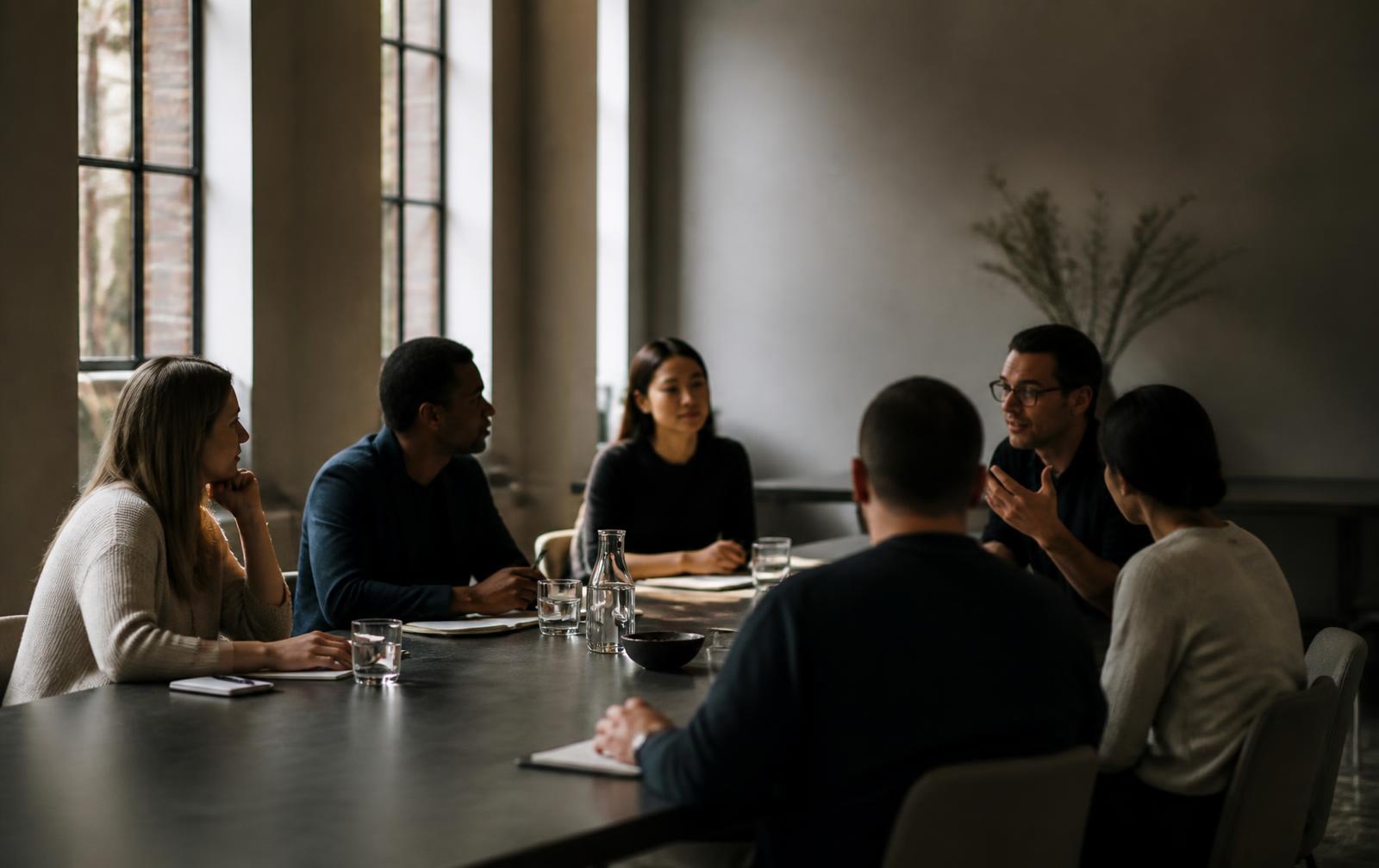Professionals in conversation at an international business gathering