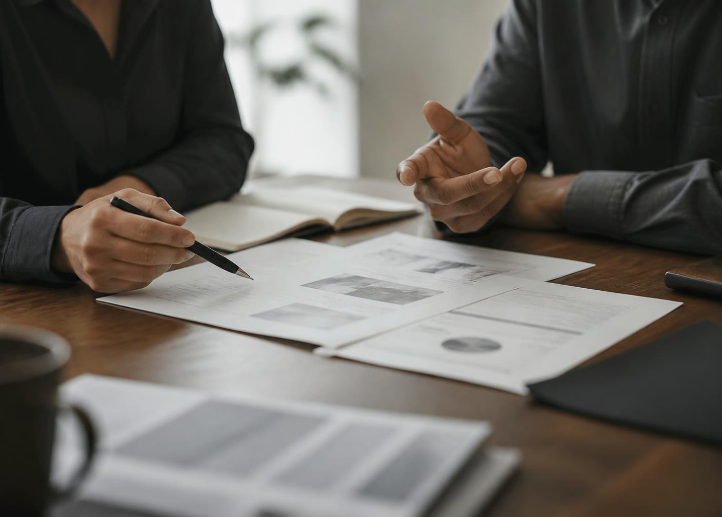 Two professionals reviewing printed research documents at a desk