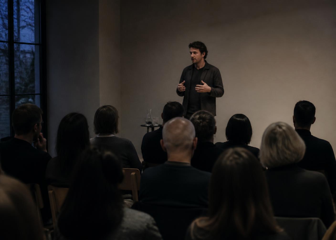 A speaker addressing a small seated audience in a minimal room at dusk